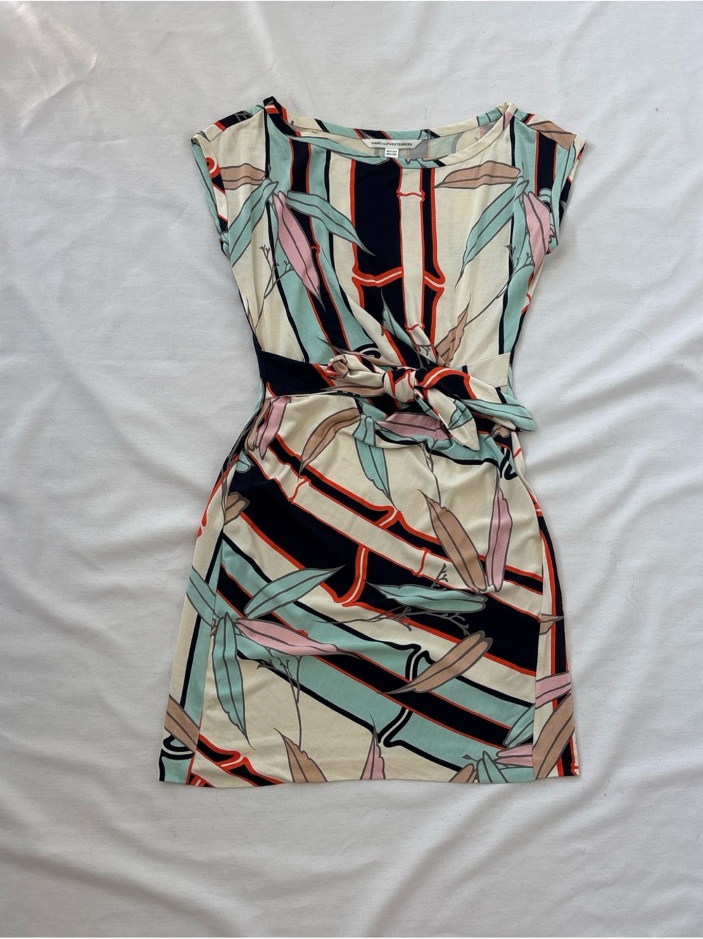 Printed Tie-Waist Women’s Dress in Cream, Navy & Pastel